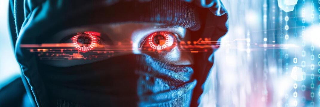 Closeup of a hooded figure with glowing red eyes,  cyberpunk aesthetic,  digital crime.