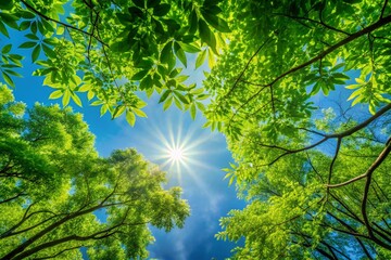 Obraz premium Vibrant green leafy branches stretching across a clear blue sky, creating a natural and serene landscape background