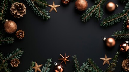 Christmas border with evergreen branches, pine cones, and gold ornaments on black background.