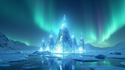 Generative AI, a large iceberg with a green aurora behind it in the snow with a sky background and a green aurora behind it, volumetric lights, concept art, crystal cubism

