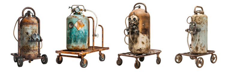 Dusty Oxygen Tank and Worn-Out Mask on Rusty Gurney Medical Equipment Concept in Hospital Setting on Transparent Background Halloween decoration concept