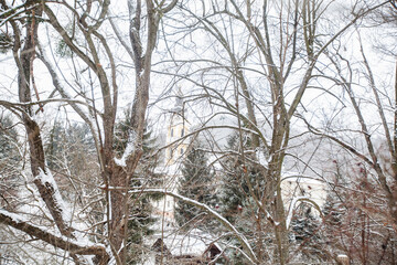 Serene winter scene of an Orthodox church framed by snow-covered tree branches, offering a peaceful view of the church amidst a snowy landscape.