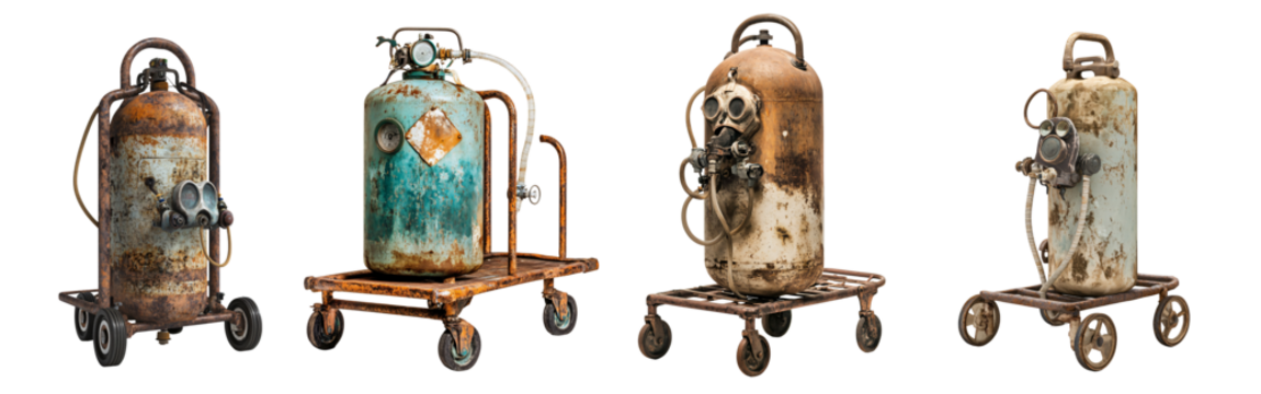 Dusty Oxygen Tank and Worn-Out Mask on Rusty Gurney Medical Equipment Concept in Hospital Setting on Transparent Background Halloween decoration concept