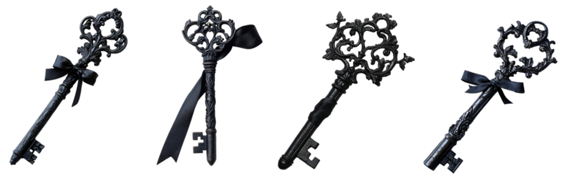 Enigmatic Antique Iron Key with Gothic Carvings and Mysterious Glow, Enveloped in Dark Vines and Black Ribbon on Transparent Background Halloween decoration concept