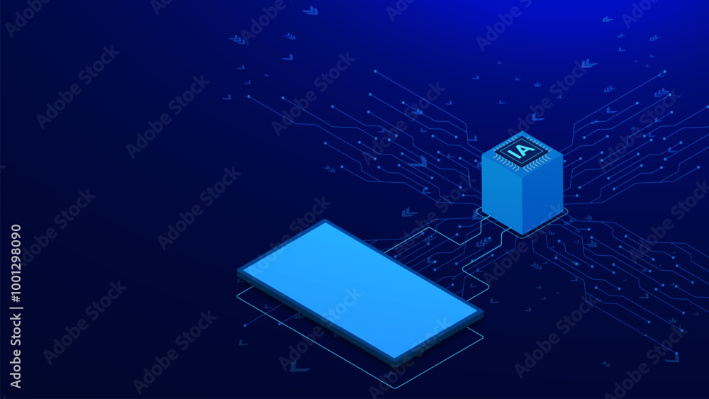 Poster artificial intelligence with microchip, smartphone and electronic board isometric. technology and en