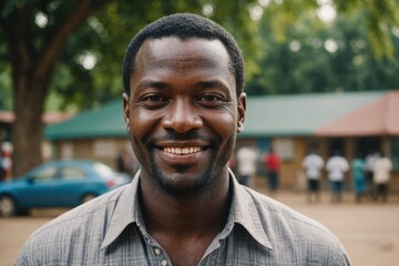 Obraz premium Close portrait of a smiling 40s Togolese man looking at the camera, Togolese outdoors blurred background