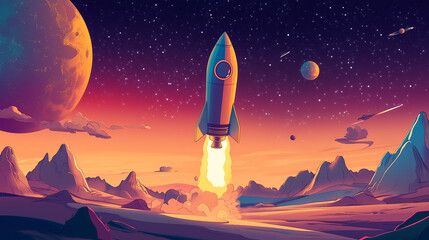 Obraz premium Cartoon rocket go fly up launch. Space galaxy adventure travel landscape view. cartoons. Illustrations 