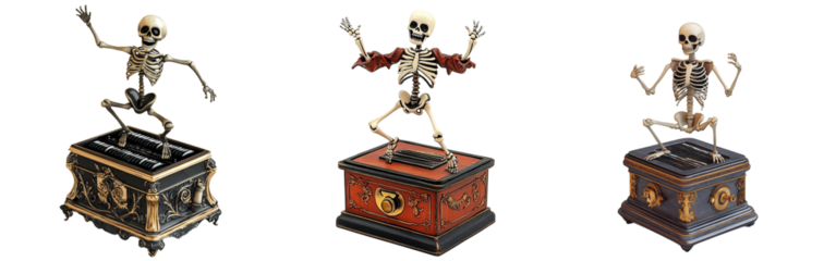 Spooky 3D Cartoon Music Box with Dancing Skeleton Figure Emitting Glowing Mist on Transparent Background Halloween decoration concept