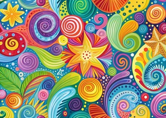 Vibrant, hand-drawn abstract background with swirling shapes, bold lines, and playful textures in a mix of bright,