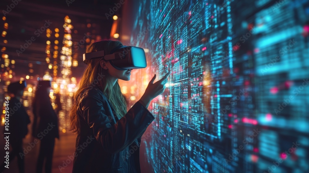Aufkleber a person interacts with a virtual reality interface displaying vibrant digital data, immersed in a f