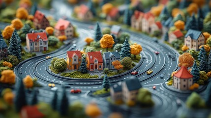 Fototapeta premium Miniature Village Scene on Curved Cardboard Landscape