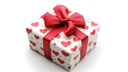 Red and white Valentine gift wrapped with a satin ribbon, isolated on a white background, highlighting love and romance.