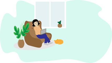 Obraz premium A man with a laptop sitting on the couch by the window. There is a red cat lying on the floor next to it, there are flowers in pots. A symbol of weekend activity. Stock illustration
