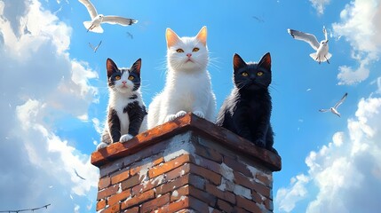 Trio of Playful Kittens Perched on Brick Rooftop with Flying Birds in Serene Sky Scene