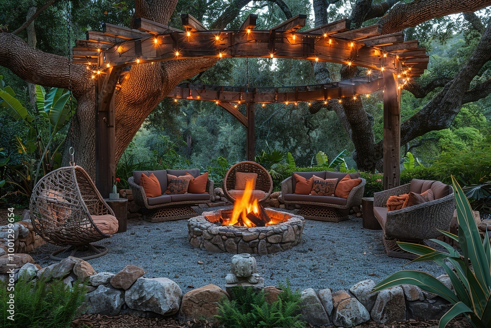 Poster a fire pit surrounded by a patio with a large tree in the background