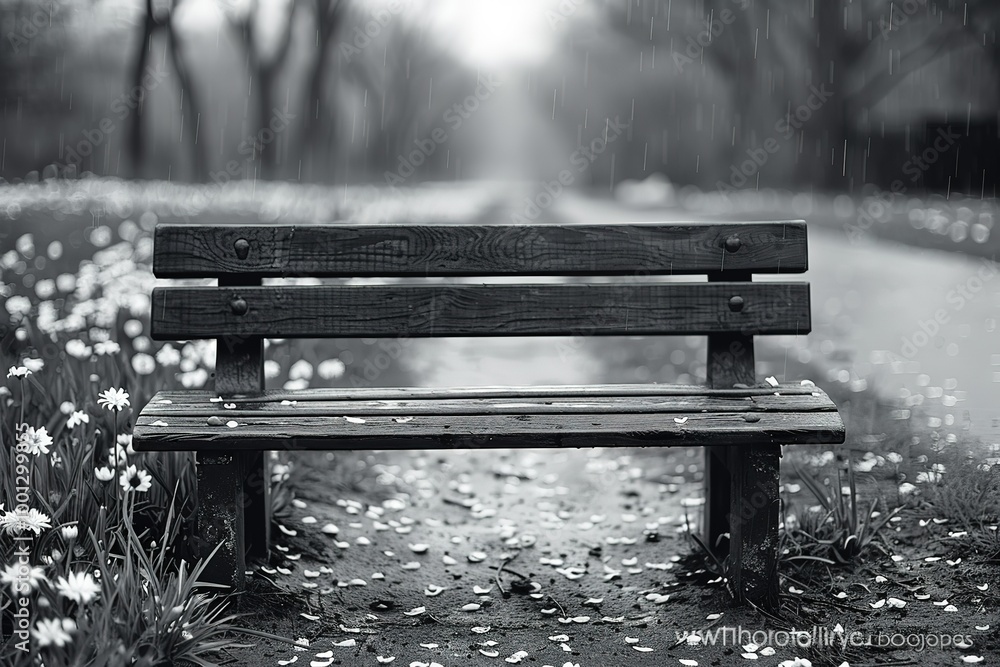 Poster a bench is sitting in a park with a path in front of it