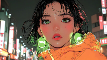 Anime Girl with Green Eyes and Orange Jacket in City at Night