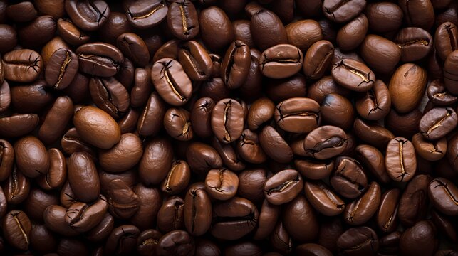 Closeup shot of roasted coffee beans showcasing their rich texture and color.