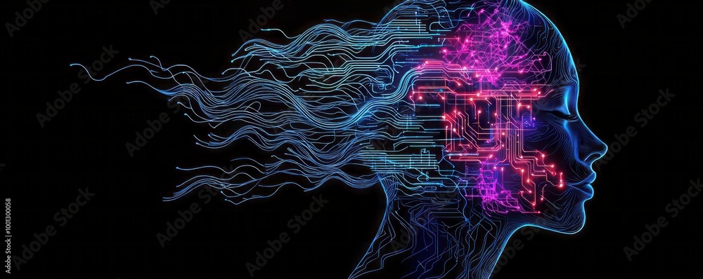 Poster a digital art representation of a woman's profile with flowing lines and glowing circuitry, symboliz