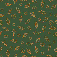 Green Christmas Seamless Pattern with Golden Holly Leaves and Berries Vector Repeat