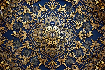 Vibrant, intricate, and ornate golden patterns adorn a luxurious dark blue texture, evoking opulence and