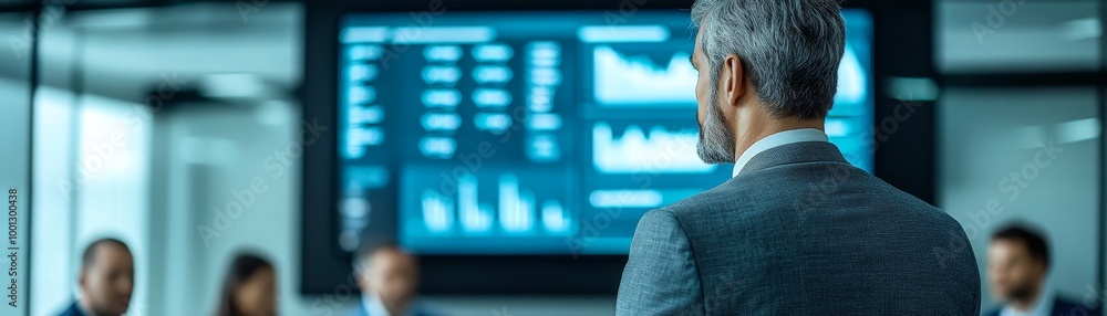 Poster a business meeting with a speaker presenting data on a screen to an attentive audience in a modern c