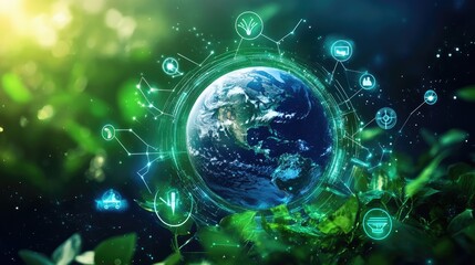 Obraz premium Illustration of Earth surrounded by green technology icons, symbolizing the sustainable goals set for protecting