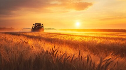 Fototapeta premium Farmer using a pesticide sprayer in a sprawling wheat field at dusk, with the setting sun casting an orange hue, highlighting the environmental impact of agriculture
