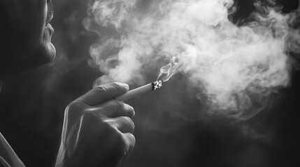 Fototapeta premium Close-up of a man's hand holding a cigarette, lots of smoke around. Black and white photo.