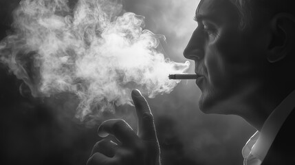 Fototapeta premium Close-up of a man smoking, lots of smoke around. Black and white photo.