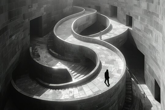 A man walks down a spiral staircase in a building - Powered by Adobe