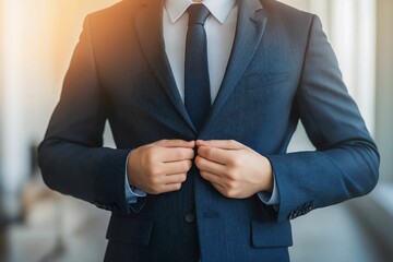 A man adjusts his suit jacket, preparing for a formal or professional event, highlighting confidence, business attire, and professionalism.