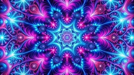Vibrant, kaleidoscopic swirls of neon pink, blue, and purple hues blend with fractal patterns, creating a mesmerizing,