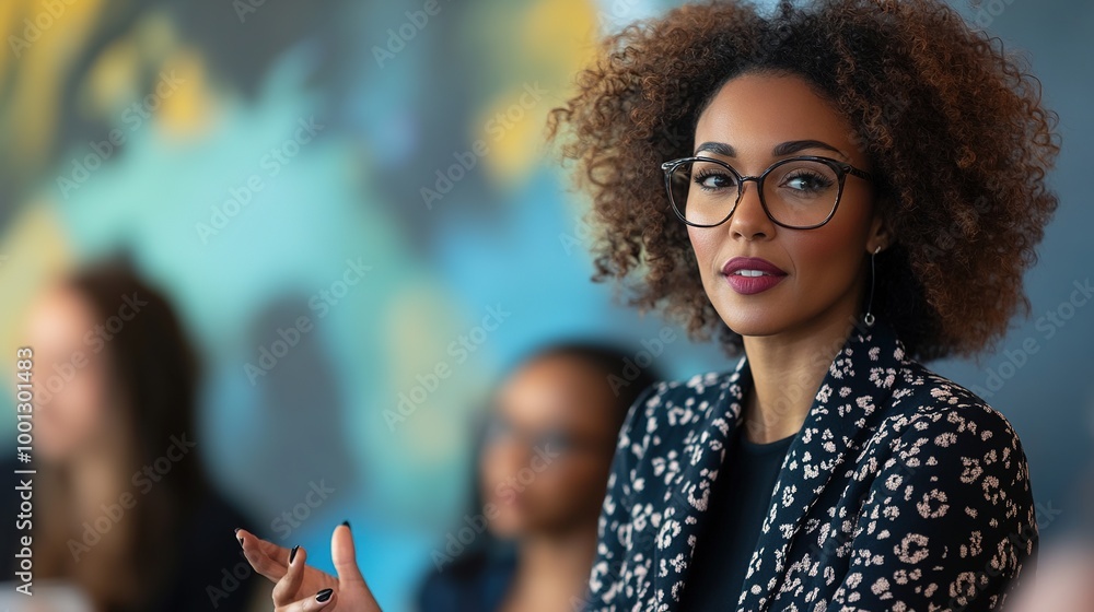 Poster Business Leader Addressing Her Team in Meeting