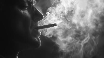 Fototapeta premium Close-up of a man smoking, lots of smoke around. Black and white photo.