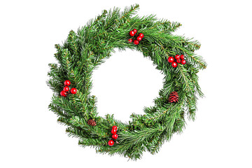 Christmas wreath with red berries and pinecones  isolate  transparent  background
