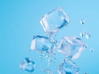 Three ice cubes are floating in the air, creating a sense of motion and energy 