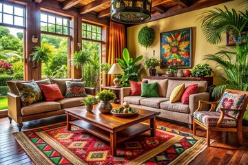 Vibrant living room with Etna-inspired textiles, rich wood tones, and decorative accents, evoking a tropical Salvadoran