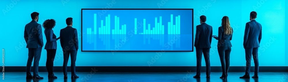 Poster a group of professionals observes data visualizations displayed on a screen against a bright blue ba
