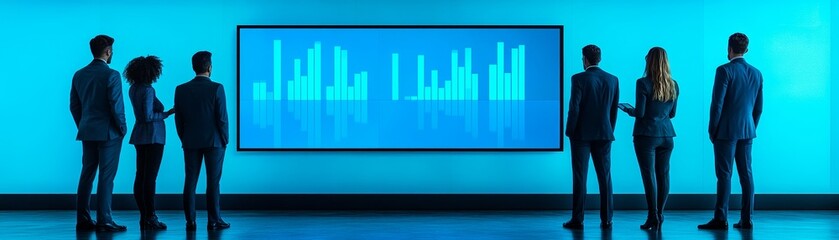 Fototapeta premium A group of professionals observes data visualizations displayed on a screen against a bright blue background.