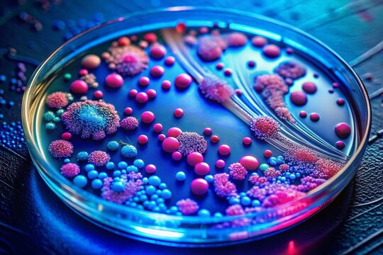 Vibrant micrographic image of Escherichia coli bacteria colonies growing on a petri dish agar, showcasing intricate