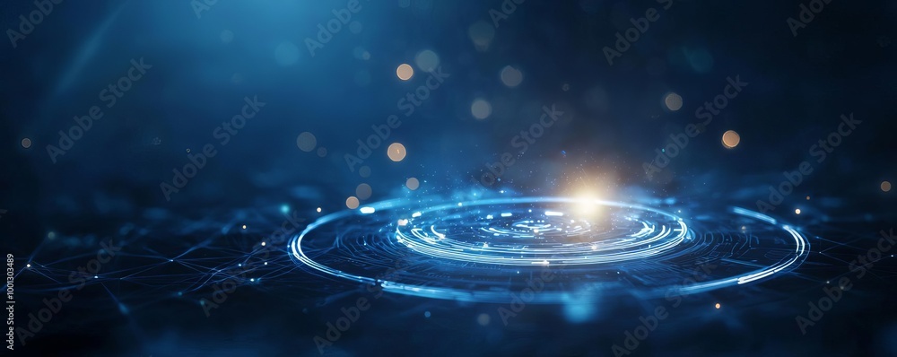Poster abstract blue light particles with rippling circular pattern.