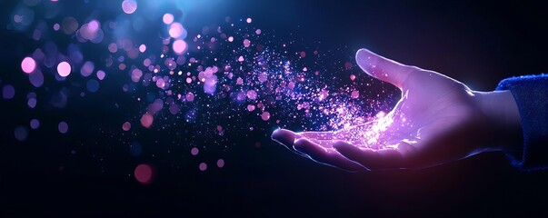Magical particles emerging from an open hand in dark background