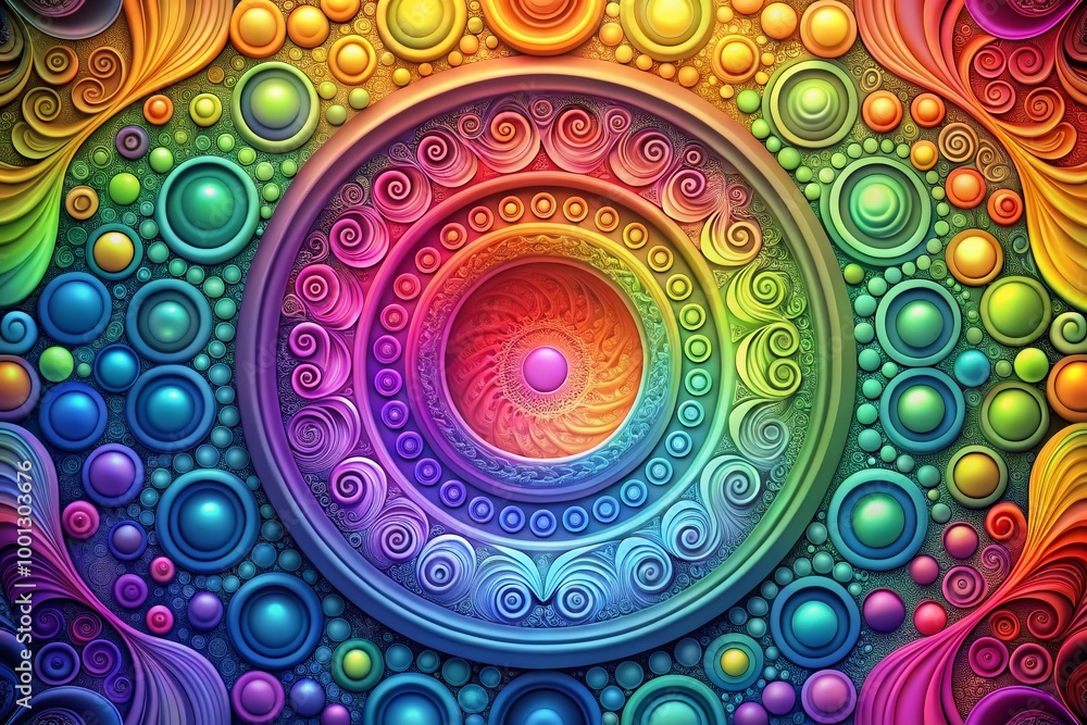 Poster vibrant, multicolored circle design with intricate swirling patterns, subtle gradient effects, and s
