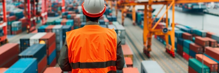 Fototapeta premium A worker in a safety vest stands on a dock with cargo containers in the background.