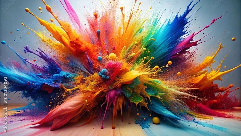 Poster vibrant multicolored splatters and streaks of paint create a dynamic abstract background with a sens