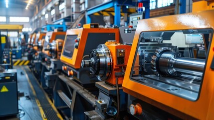 Industrial machinery in a factory setting, with focus on metalworking equipment.