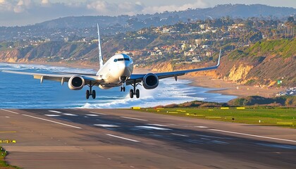 Airplane ascending over a coastal runway, ocean waves visible from the side, golden hour lighting casting soft shadows, tranquil yet dynamic scene