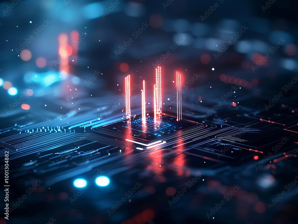 Poster abstract circuit board with dynamic glowing elements.