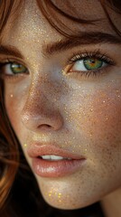 close-up portrait of a beautiful woman with golden freckle make-up
